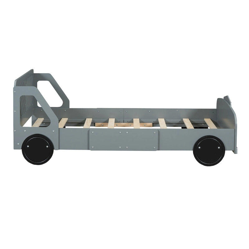 Lit plateforme double en forme de voiture, blanc/gris/bleu, assemblage par 2 personnes