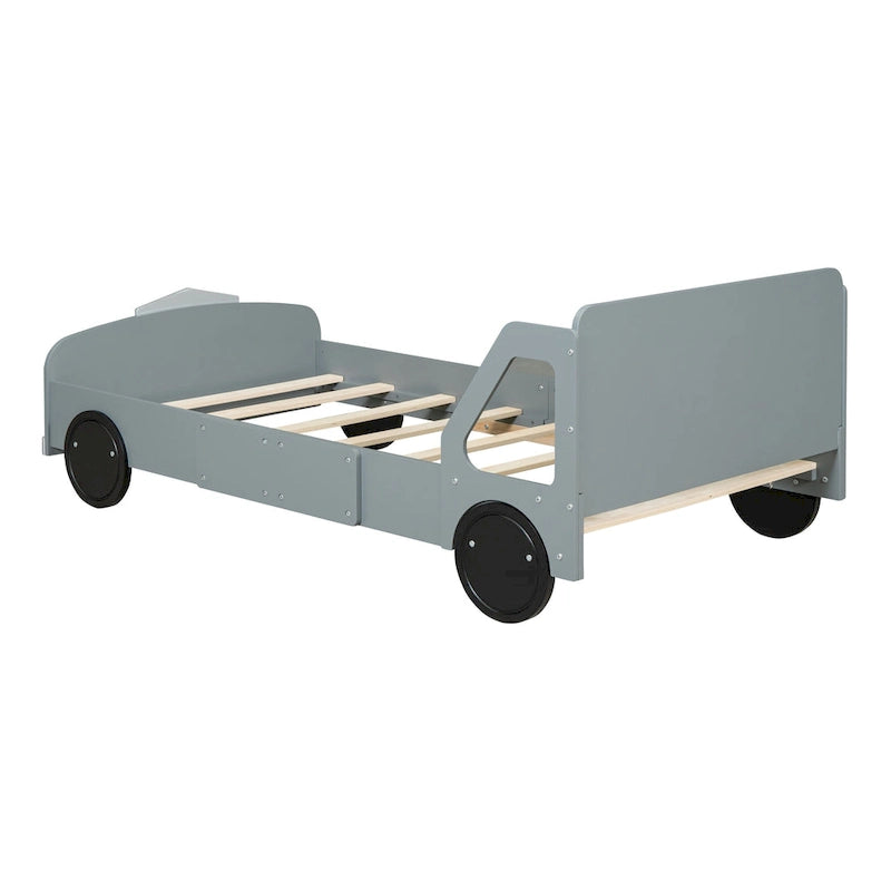 Lit plateforme double en forme de voiture, blanc/gris/bleu, assemblage par 2 personnes