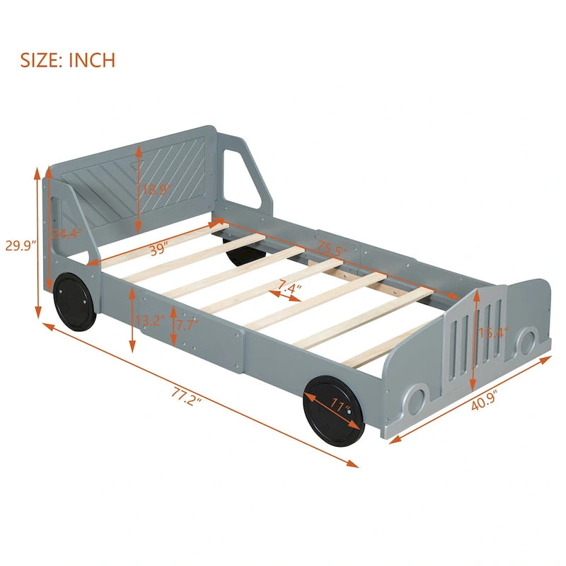 Lit plateforme double en forme de voiture, blanc/gris/bleu, assemblage par 2 personnes