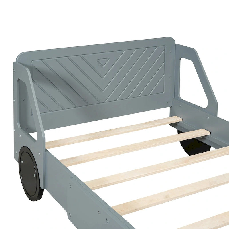 Lit plateforme double en forme de voiture, blanc/gris/bleu, assemblage par 2 personnes
