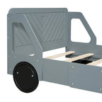 Lit plateforme double en forme de voiture, blanc/gris/bleu, assemblage par 2 personnes