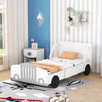 Lit plateforme double en forme de voiture, blanc/gris/bleu, assemblage par 2 personnes