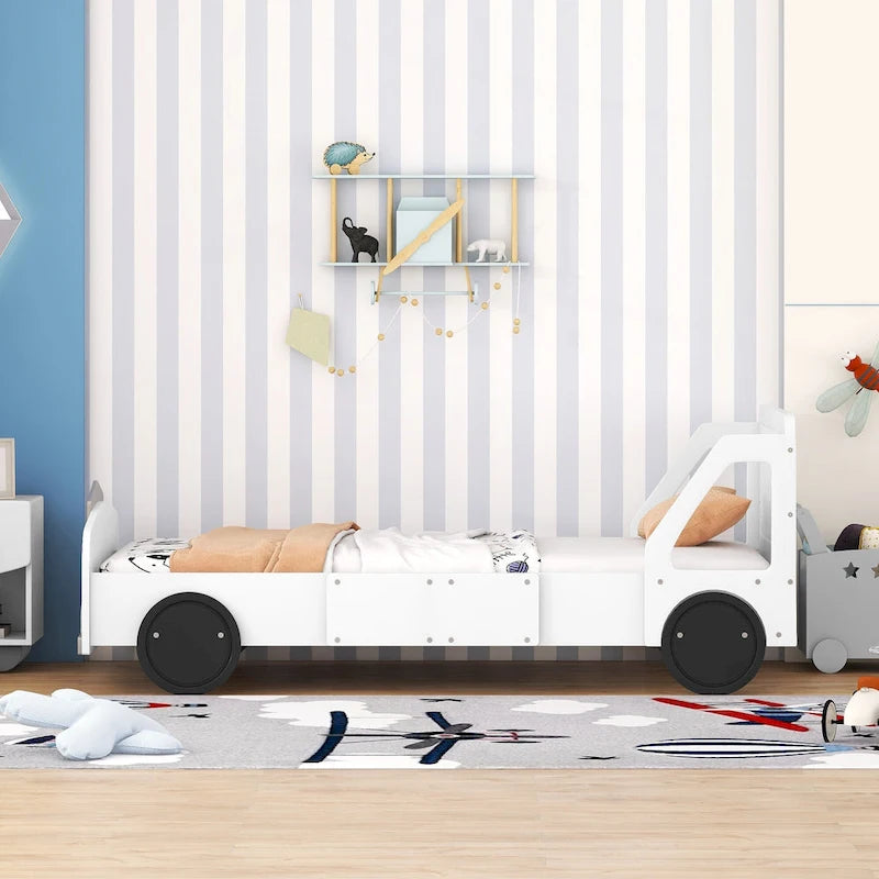 Lit plateforme double en forme de voiture, blanc/gris/bleu, assemblage par 2 personnes