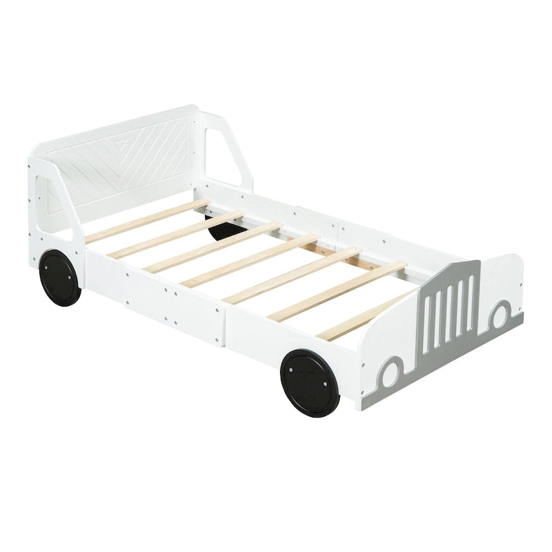 Lit plateforme double en forme de voiture, blanc/gris/bleu, assemblage par 2 personnes