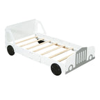 Lit plateforme double en forme de voiture, blanc/gris/bleu, assemblage par 2 personnes