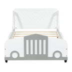 Lit plateforme double en forme de voiture, blanc/gris/bleu, assemblage par 2 personnes