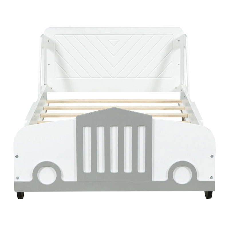 Lit plateforme double en forme de voiture, blanc/gris/bleu, assemblage par 2 personnes