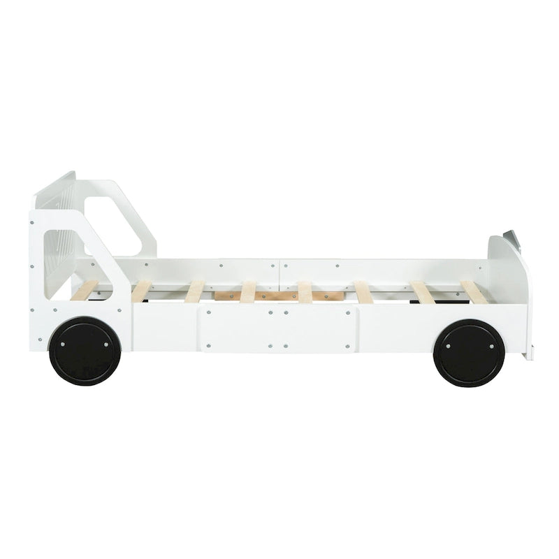 Lit plateforme double en forme de voiture, blanc/gris/bleu, assemblage par 2 personnes