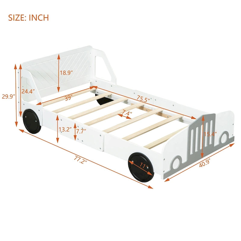 Lit plateforme double en forme de voiture, blanc/gris/bleu, assemblage par 2 personnes