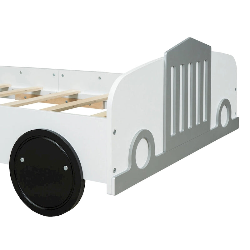 Lit plateforme double en forme de voiture, blanc/gris/bleu, assemblage par 2 personnes
