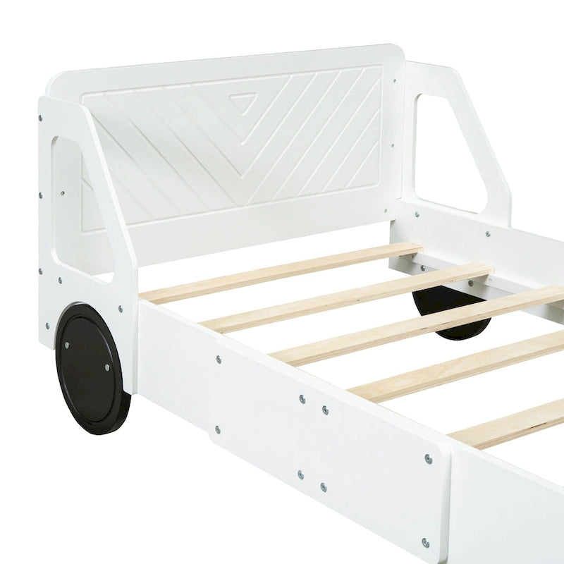 Lit plateforme double en forme de voiture, blanc/gris/bleu, assemblage par 2 personnes