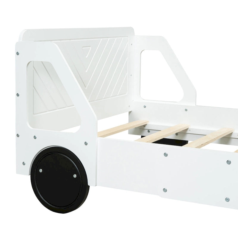 Lit plateforme double en forme de voiture, blanc/gris/bleu, assemblage par 2 personnes