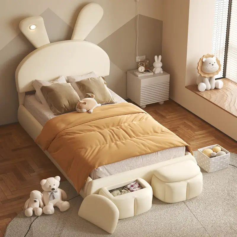 Lit de repos jumeau en velours beige/rose avec lumière LED et 2 tabourets de rangement, 1 personne