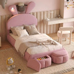 Twin Size Upholstered Platform Bed with Light and 2 Storage Stools