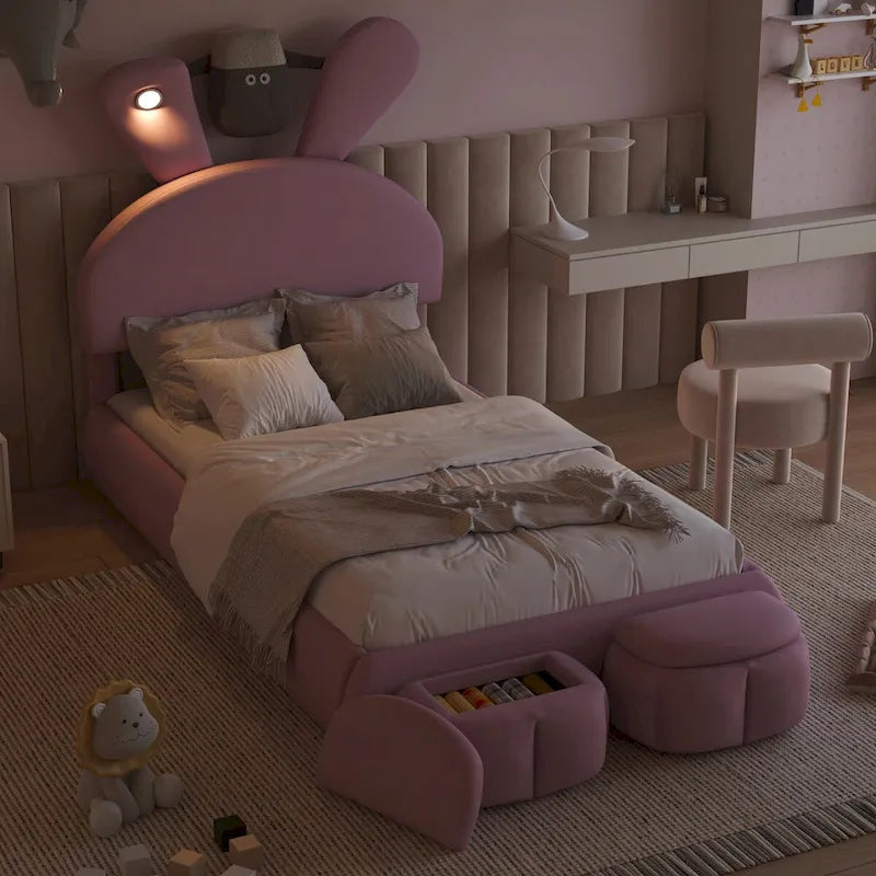 Lit de repos jumeau en velours beige/rose avec lumière LED et 2 tabourets de rangement, 1 personne