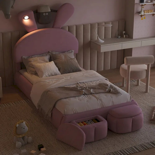 Lit de repos jumeau en velours beige/rose avec lumière LED et 2 tabourets de rangement, 1 personne