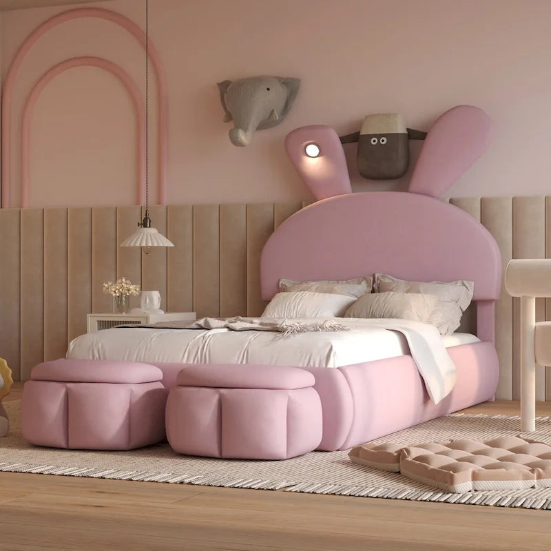 Lit de repos jumeau en velours beige/rose avec lumière LED et 2 tabourets de rangement, 1 personne