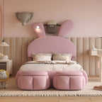 Lit de repos jumeau en velours beige/rose avec lumière LED et 2 tabourets de rangement, 1 personne