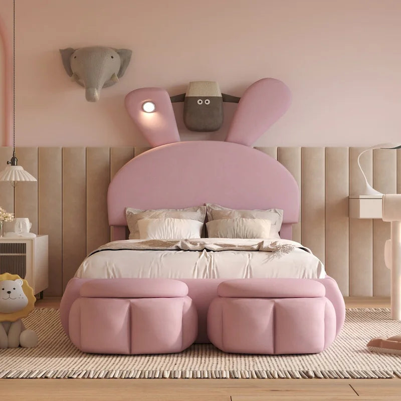 Lit de repos jumeau en velours beige/rose avec lumière LED et 2 tabourets de rangement, 1 personne