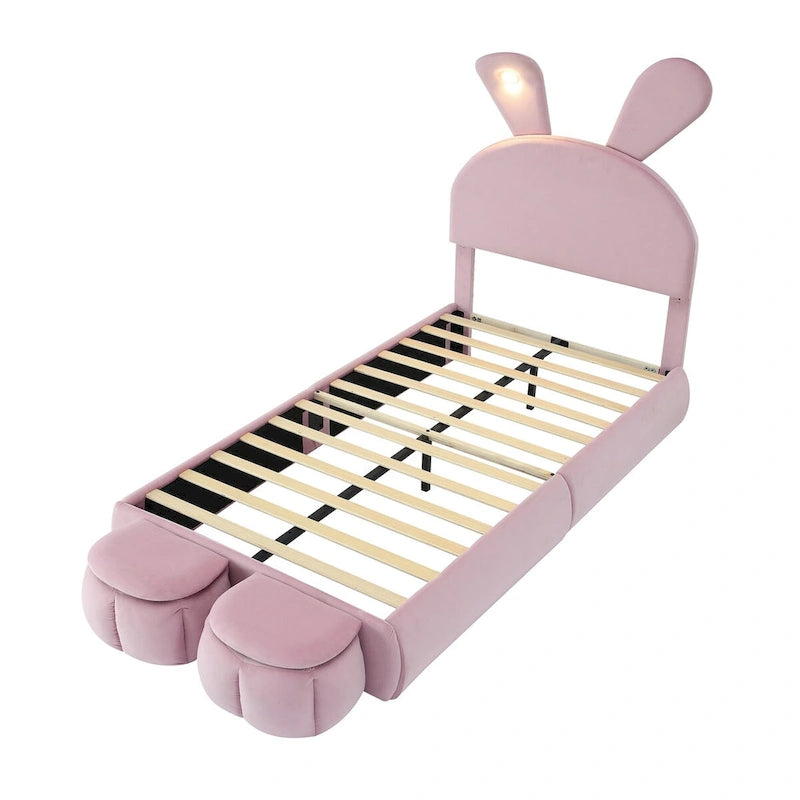 Lit de repos jumeau en velours beige/rose avec lumière LED et 2 tabourets de rangement, 1 personne