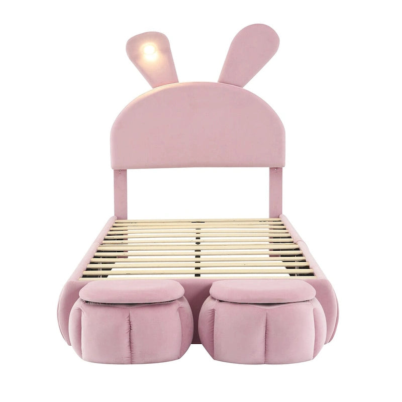 Lit de repos jumeau en velours beige/rose avec lumière LED et 2 tabourets de rangement, 1 personne