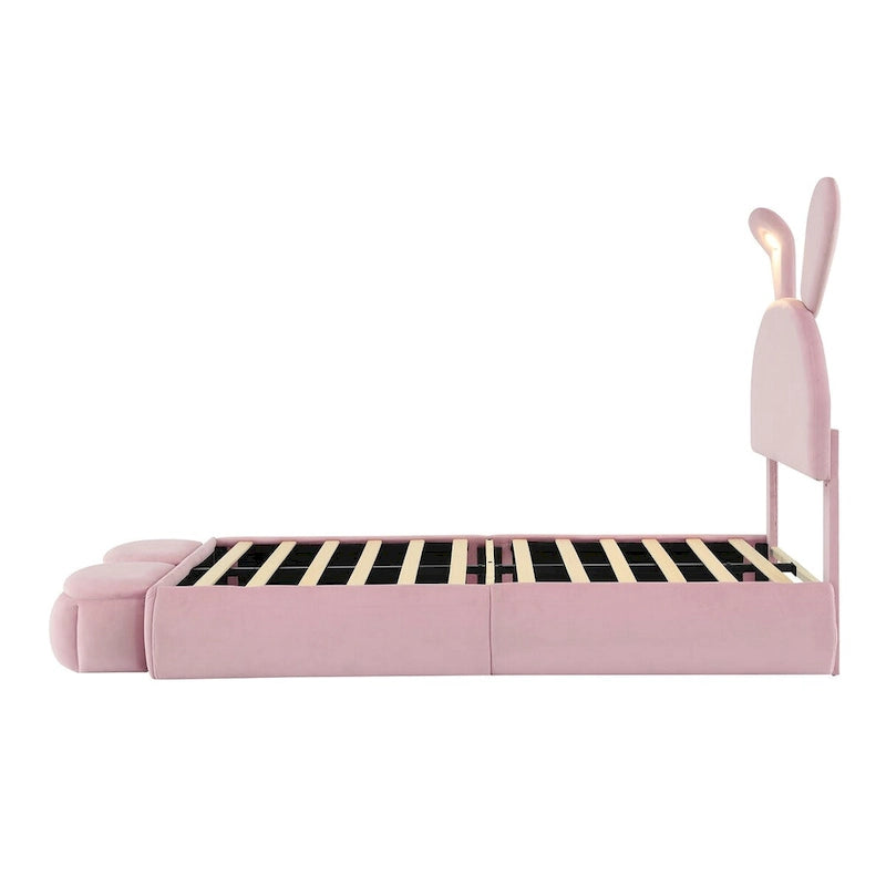 Lit de repos jumeau en velours beige/rose avec lumière LED et 2 tabourets de rangement, 1 personne