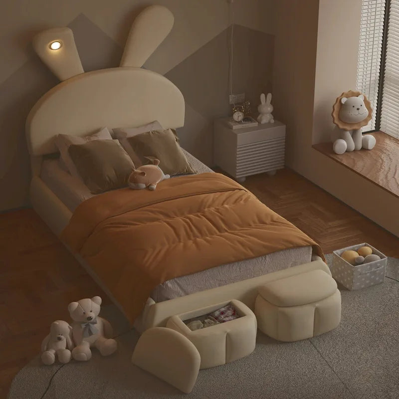 Lit de repos jumeau en velours beige/rose avec lumière LED et 2 tabourets de rangement, 1 personne