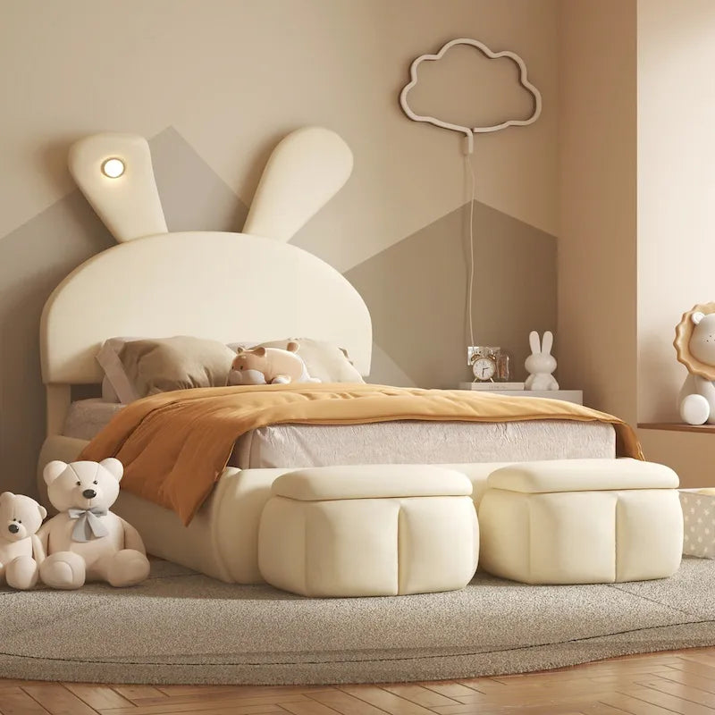 Lit de repos jumeau en velours beige/rose avec lumière LED et 2 tabourets de rangement, 1 personne