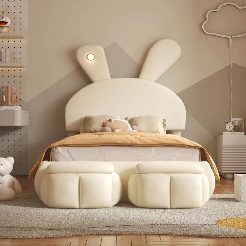 Lit de repos jumeau en velours beige/rose avec lumière LED et 2 tabourets de rangement, 1 personne