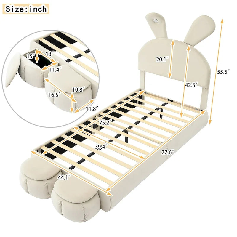 Lit de repos jumeau en velours beige/rose avec lumière LED et 2 tabourets de rangement, 1 personne