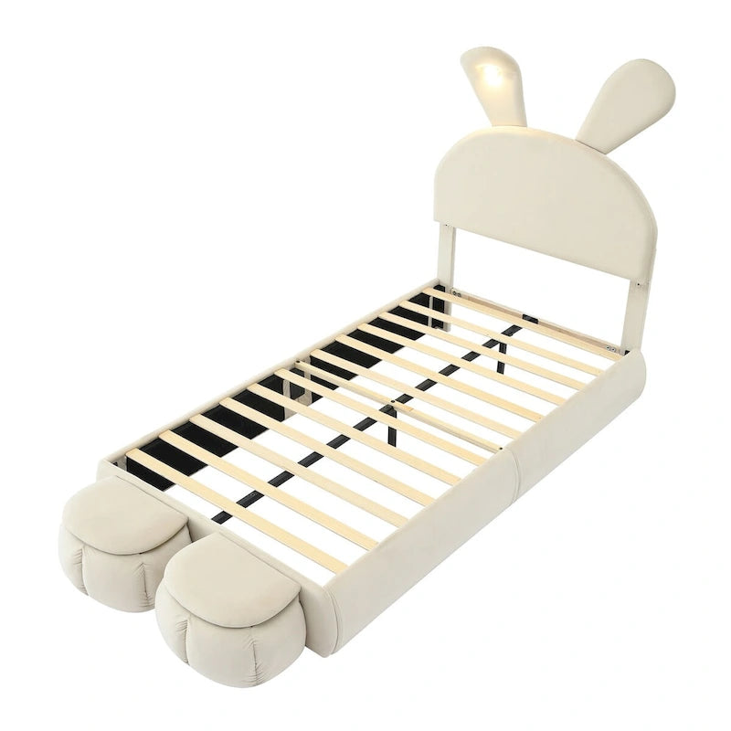 Lit de repos jumeau en velours beige/rose avec lumière LED et 2 tabourets de rangement, 1 personne