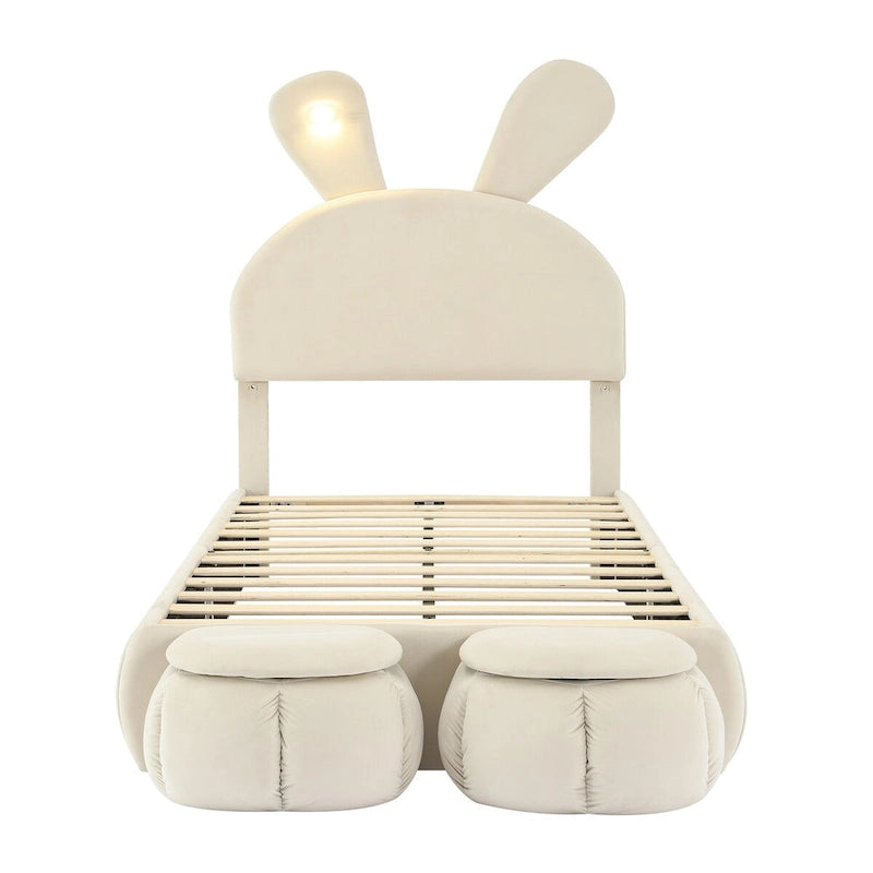Lit de repos jumeau en velours beige/rose avec lumière LED et 2 tabourets de rangement, 1 personne