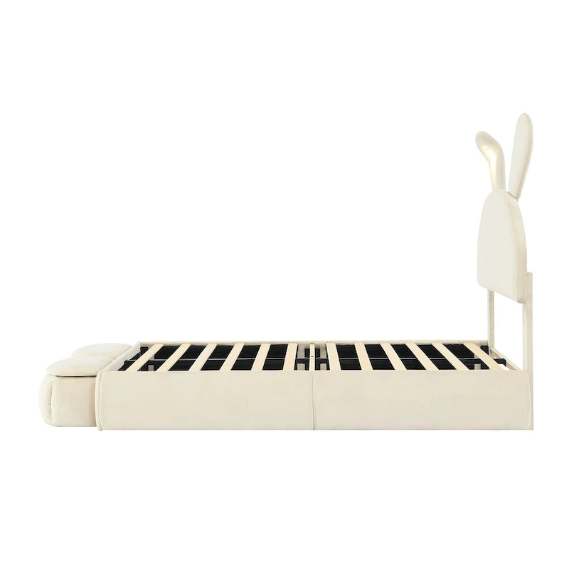 Lit de repos jumeau en velours beige/rose avec lumière LED et 2 tabourets de rangement, 1 personne