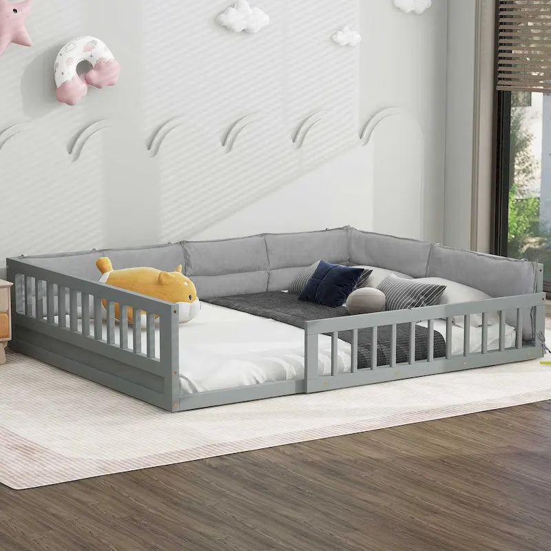 Lit plateforme pleine grandeur gris/beige avec barrières de sécurité et oreiller, 1 personne