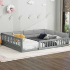 Lit plateforme pleine grandeur gris/beige avec barrières de sécurité et oreiller, 1 personne