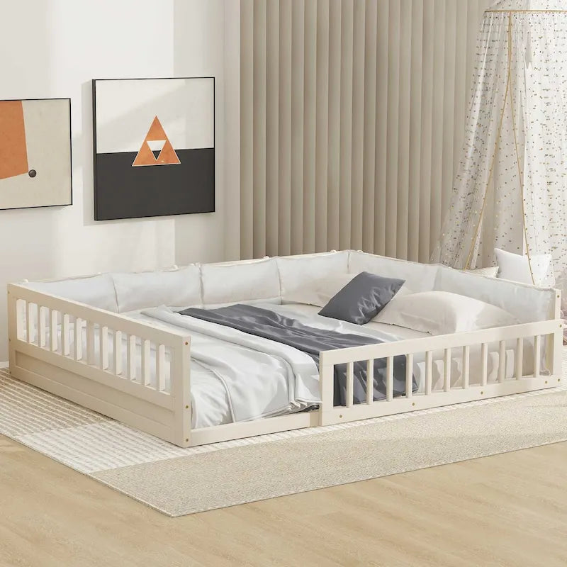 Lit plateforme pleine grandeur gris/beige avec barrières de sécurité et oreiller, 1 personne