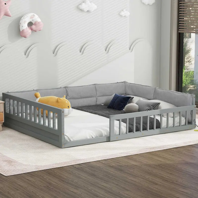 Wood Full Size Upholstered Platform Bed with Guardrail and Pillow