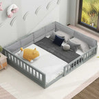 Lit plateforme pleine grandeur gris/beige avec barrières de sécurité et oreiller, 1 personne