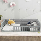 Lit plateforme pleine grandeur gris/beige avec barrières de sécurité et oreiller, 1 personne