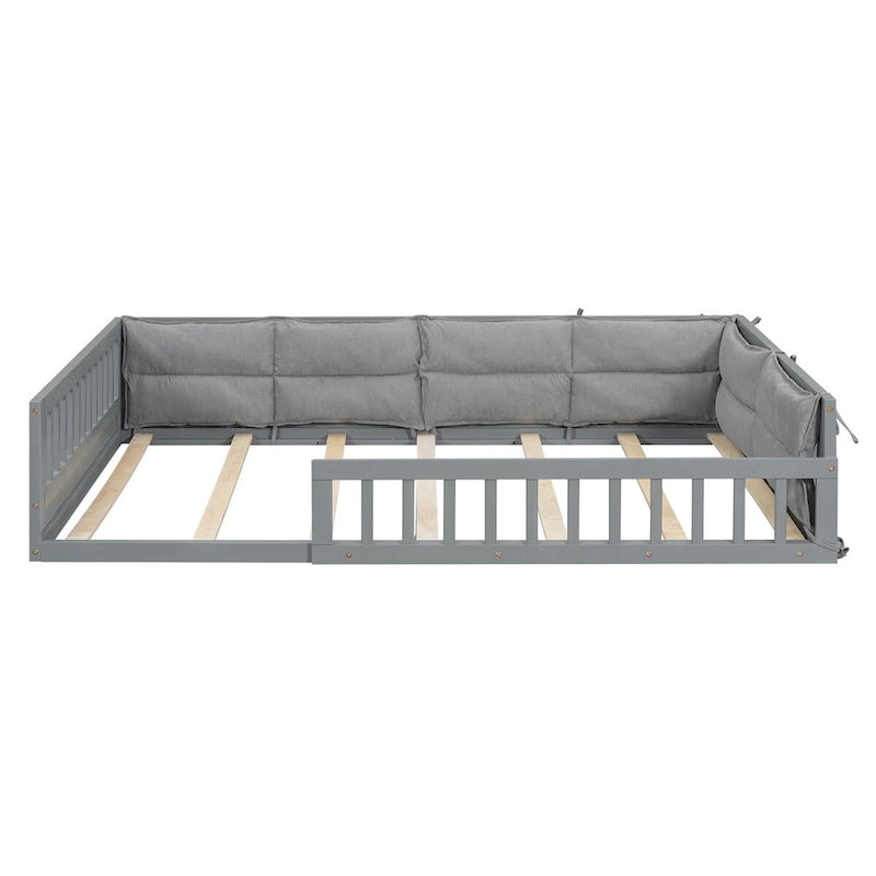 Lit plateforme pleine grandeur gris/beige avec barrières de sécurité et oreiller, 1 personne