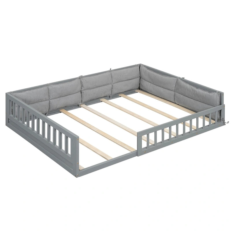Lit plateforme pleine grandeur gris/beige avec barrières de sécurité et oreiller, 1 personne