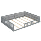 Lit plateforme pleine grandeur gris/beige avec barrières de sécurité et oreiller, 1 personne
