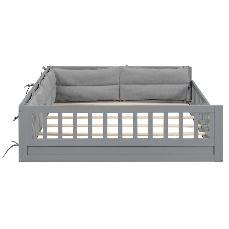 Lit plateforme pleine grandeur gris/beige avec barrières de sécurité et oreiller, 1 personne