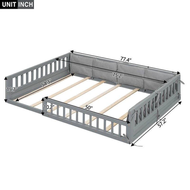 Lit plateforme pleine grandeur gris/beige avec barrières de sécurité et oreiller, 1 personne