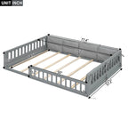 Lit plateforme pleine grandeur gris/beige avec barrières de sécurité et oreiller, 1 personne