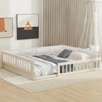Lit plateforme pleine grandeur gris/beige avec barrières de sécurité et oreiller, 1 personne