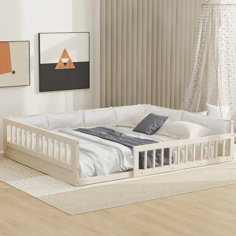 Lit plateforme pleine grandeur gris/beige avec barrières de sécurité et oreiller, 1 personne