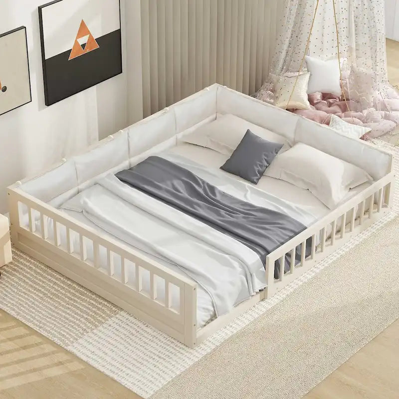 Lit plateforme pleine grandeur gris/beige avec barrières de sécurité et oreiller, 1 personne