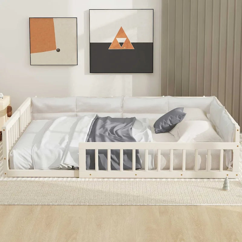 Lit plateforme pleine grandeur gris/beige avec barrières de sécurité et oreiller, 1 personne