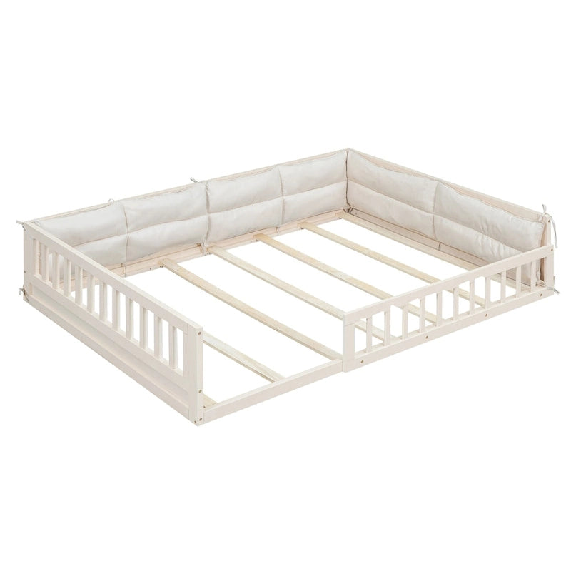 Lit plateforme pleine grandeur gris/beige avec barrières de sécurité et oreiller, 1 personne